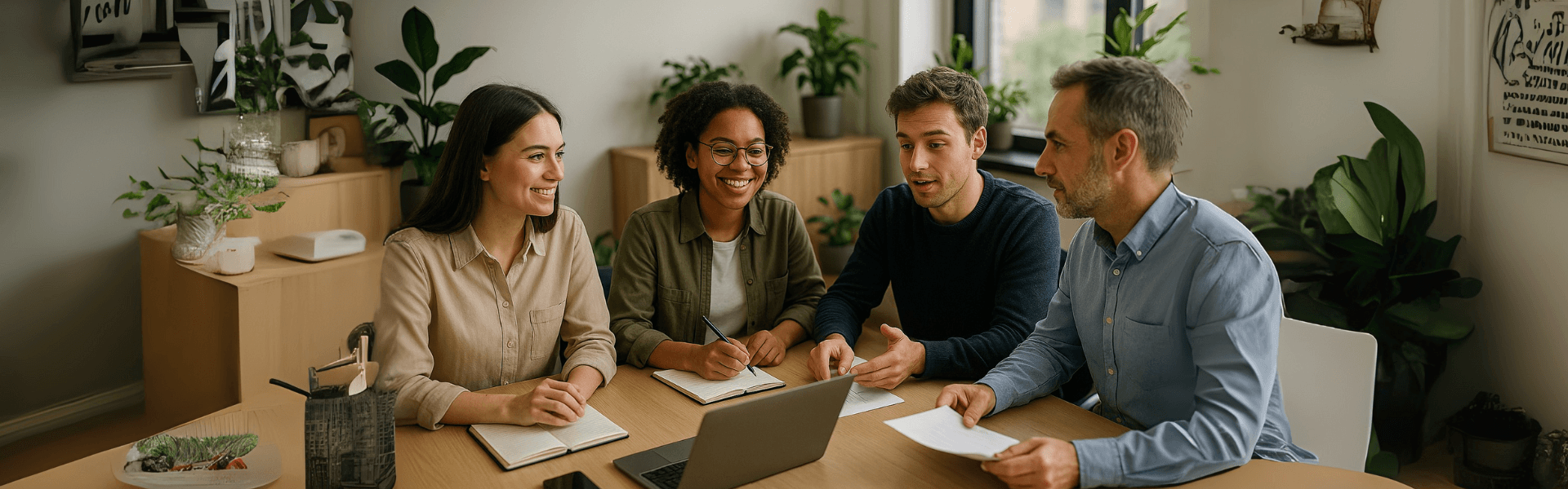 Business professionals discussing solutions around a table