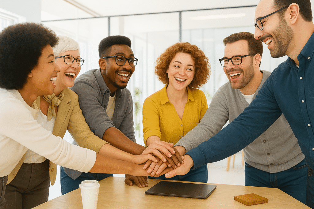 Business team collaborating and celebrating shared success